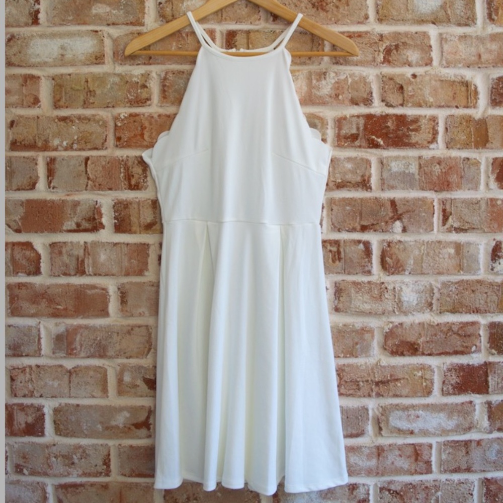 Women's white halter neck scalloped mini skater dress, size S